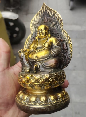 招财弥勒佛铜像摆件莲花背光坐像