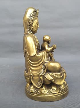 铜送子观音莲花坐像中式佛堂摆件