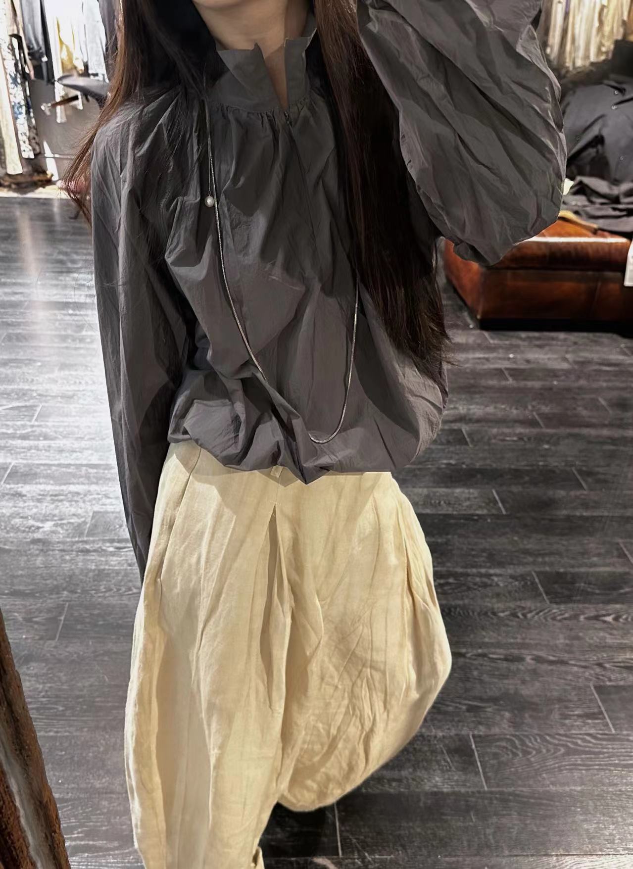 XING 韩国新款宽松圆领简约泡泡袖衬衫设计感纯色小衫女 - 图3