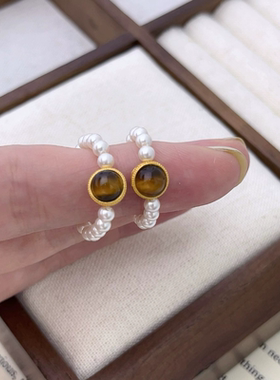 几朵家/彼岸秋风 虎眼石施家baby珠珍珠戒指$925银镀金小众指环