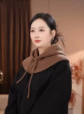 针织巴拉克拉法帽女带纽扣抽绳