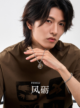 星宇纪男士钛钢虎眼石圆牌项链