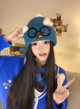 可爱猫耳针织帽女秋冬保暖大头围显脸小卡通猫咪眼镜护耳毛线帽子