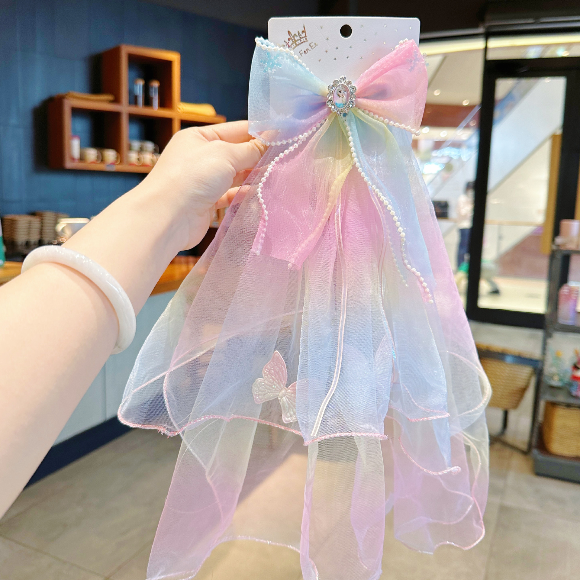 儿童公主头纱小女孩立体亮钻皇冠发卡宝宝顶夹生日拍照纱纱头饰品 - 图0