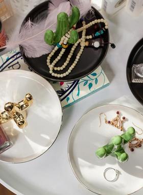 出口北欧风格金色绿色仙人掌首饰戒指托盘/桌面收纳摆件 玄关装饰