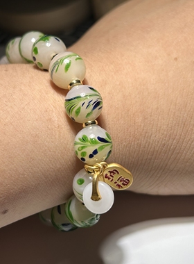 博山老琉璃珠子12毫米白玉甩彩绿金星古法凤凰图腾手工凤尾琉璃珠