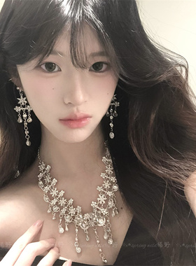 超闪水钻锆石花朵流苏项链