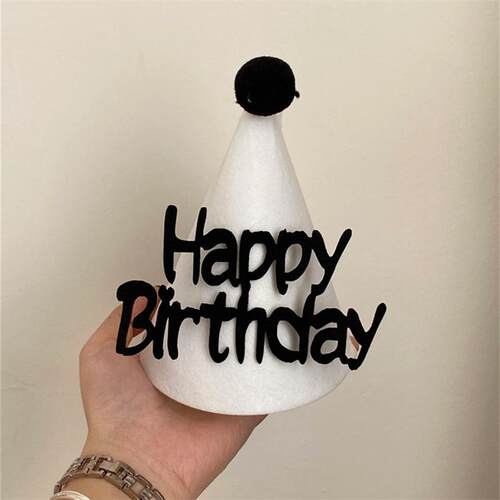 韩系ins风黑色字母毛球生日帽氛围感派对可爱尖角帽拍照道具发饰 - 图3