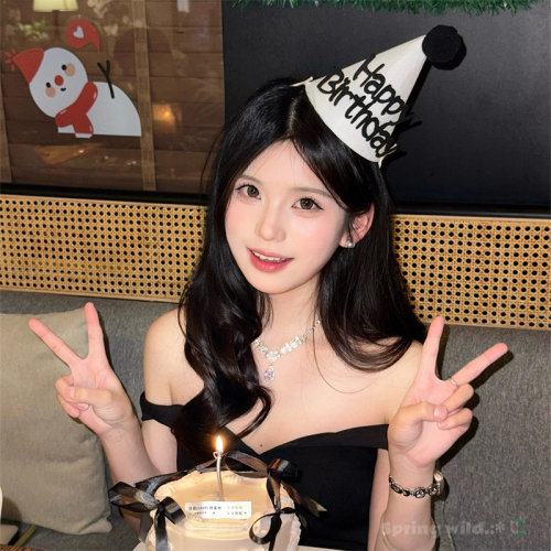韩系ins风黑色字母毛球生日帽氛围感派对可爱尖角帽拍照道具发饰 - 图0