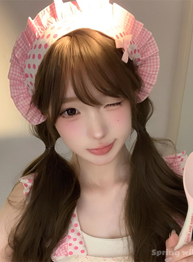 甜美小厨娘粉色波点格子头巾