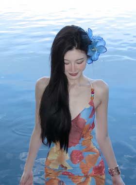 氛围感新中式蓝色百合花抓夹