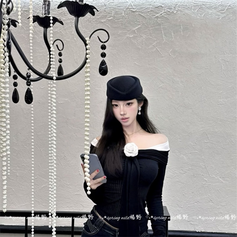 复古赫本风黑色平顶小礼帽女法式优雅辣妹贝雷帽高级感制服空姐帽