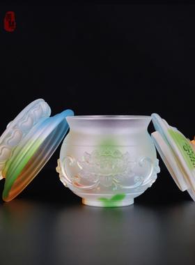 佛堂佛前供具古法琉璃浮雕莲花圣水杯供佛净水杯供奉装饰家居摆件