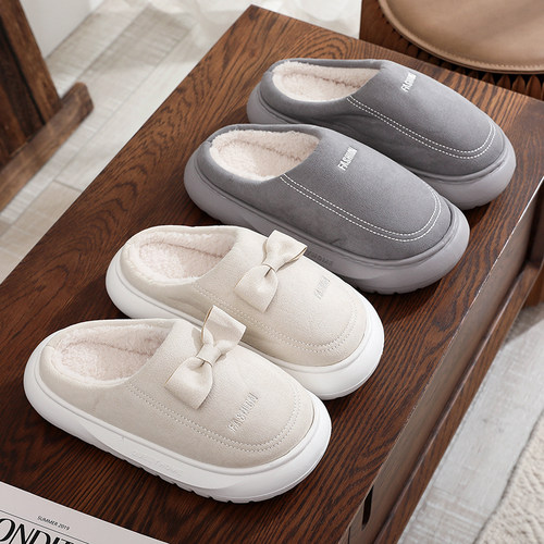果洛菲厚底棉拖鞋女秋冬季蝴蝶结卡通可爱加绒保暖居家防滑毛拖男 - 图3