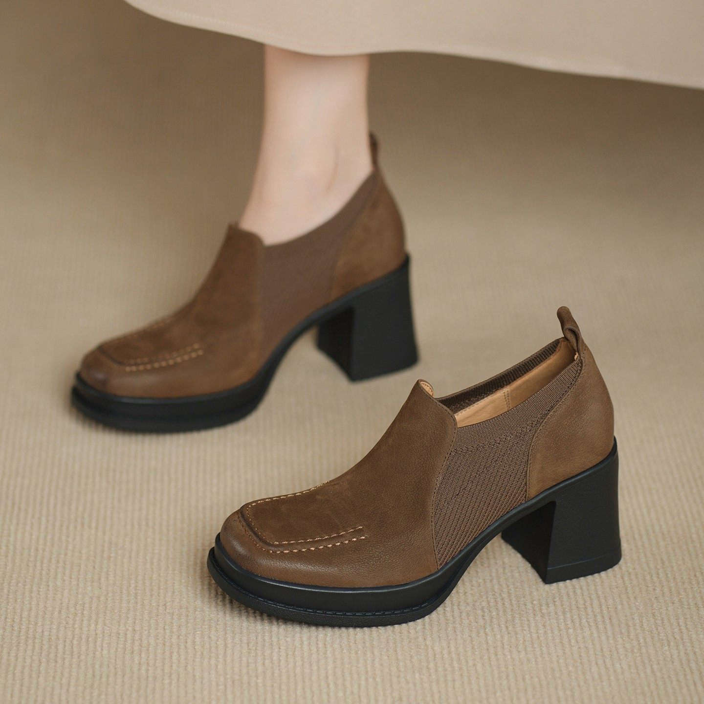 7CM小个子增高厚底单鞋女25秋季真皮粗跟针织弹力复古深口小皮鞋,淘宝优惠券,粉丝福利购,淘宝优惠卷