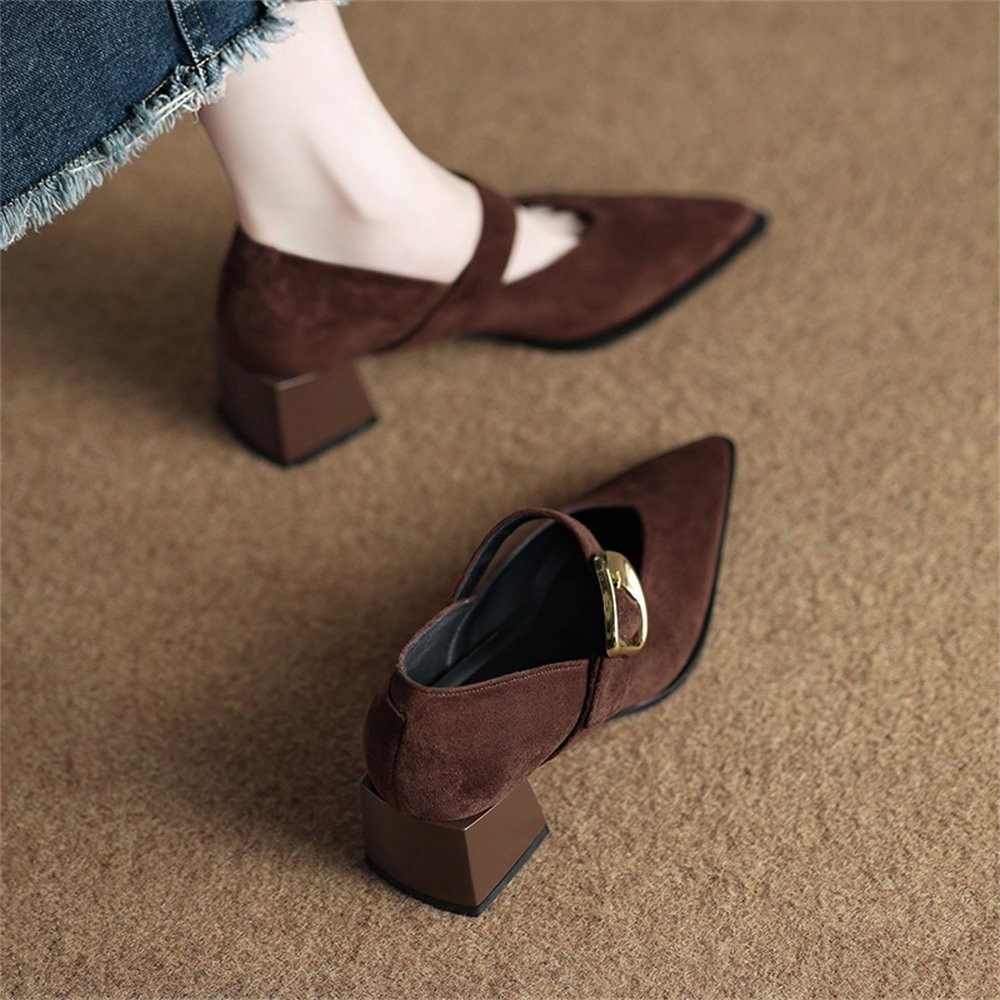 香港法式覆古尖头单鞋女秋季2025年新款绒面金属扣通勤粗跟高跟鞋,淘宝优惠券,粉丝福利购,淘宝优惠卷