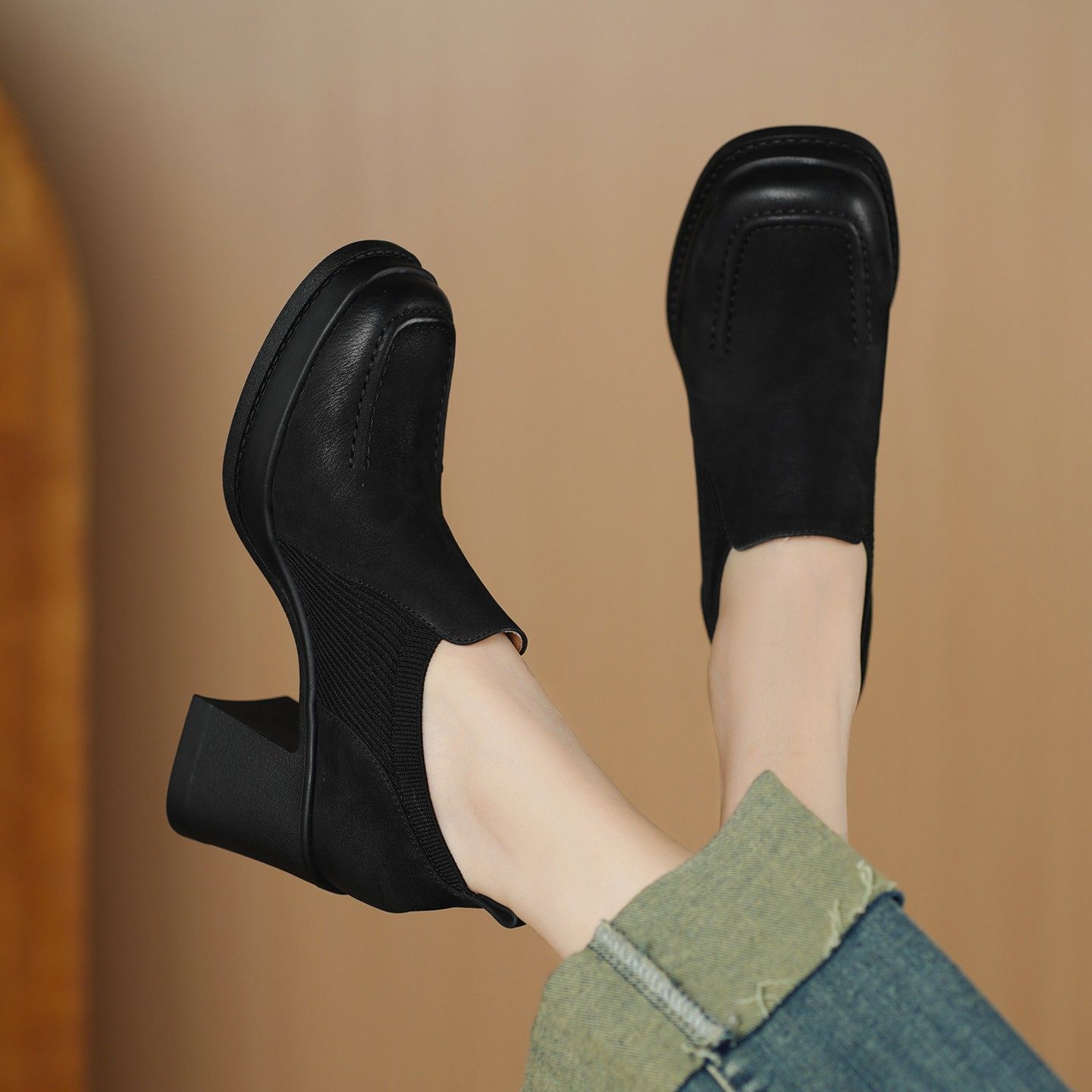 7CM小个子增高厚底单鞋女25秋季真皮粗跟针织弹力复古深口小皮鞋,淘宝优惠券,粉丝福利购,淘宝优惠卷