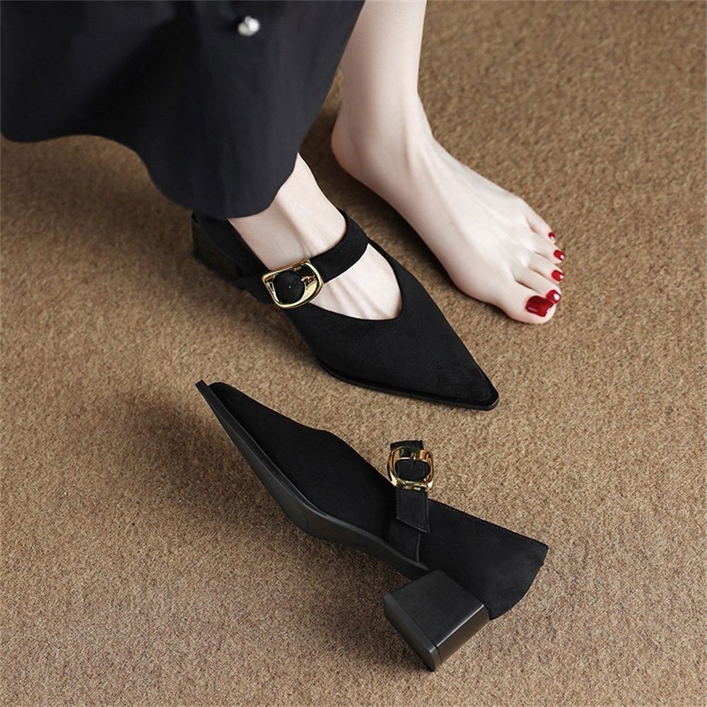 香港法式覆古尖头单鞋女秋季2025年新款绒面金属扣通勤粗跟高跟鞋,淘宝优惠券,粉丝福利购,淘宝优惠卷