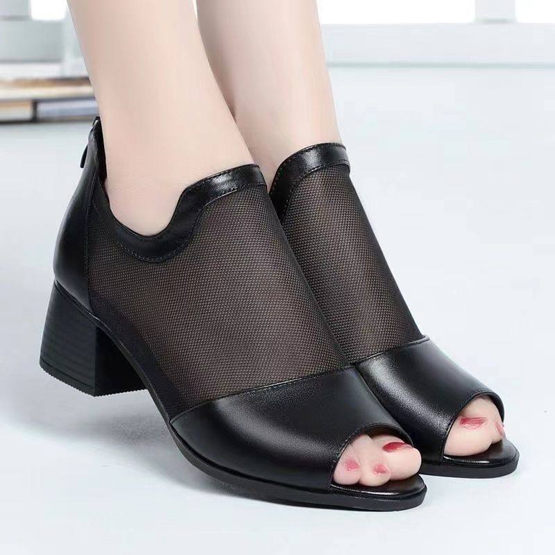 跃臣正品真软皮中跟网纱单鞋女春夏透气镂空爆款防滑外穿鱼嘴凉鞋,淘宝优惠券,粉丝福利购,淘宝优惠卷