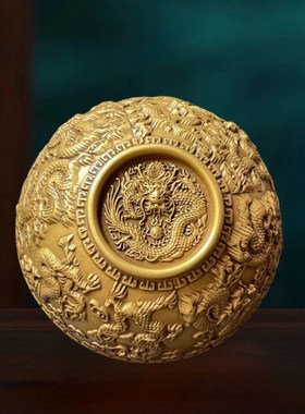 黄铜浮雕九龙供j水碗圣水杯净水杯家用摆件开业乔迁佛前供碗龙碗
