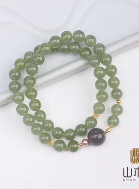 山木集【许清欢】18K金湖水绿和田玉0.75烟紫双圈手串手链女￥￥