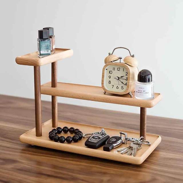 Solid wood tabletop storage rack at the entrance of the entrance hall perfume makeup skin care products ornaments three-layer storage rack