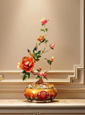 新中式牡丹花聚宝盆客厅桌面摆件玄关电视柜办公室装饰品乔迁礼品