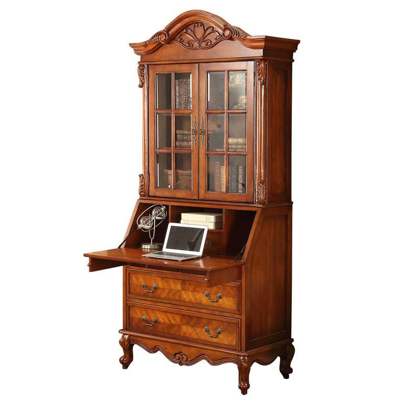 美式实木书柜书桌一体欧式复古两门书柜带门落地收纳置物柜-图2