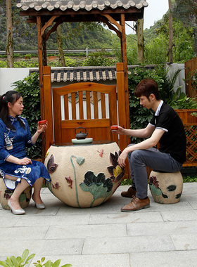 别墅庭院装饰摆件小院子阳台禅意茶桌凳子组合户外荷花茶几套装