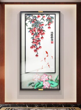 速发装中高入户玄关新饰画鸿运当头走廊过道刺绣实物画式档荷花壁