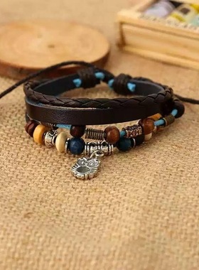 欧美新款饰品简约串珠多层皮革手