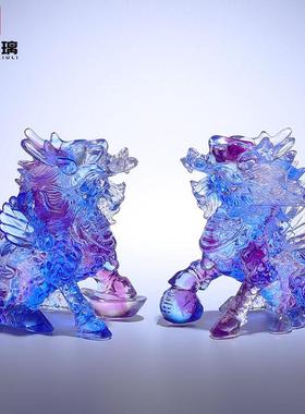 手工琉璃麒麟送子招财镇宅摆件一对卧室床头柜水晶办公室桌面装饰