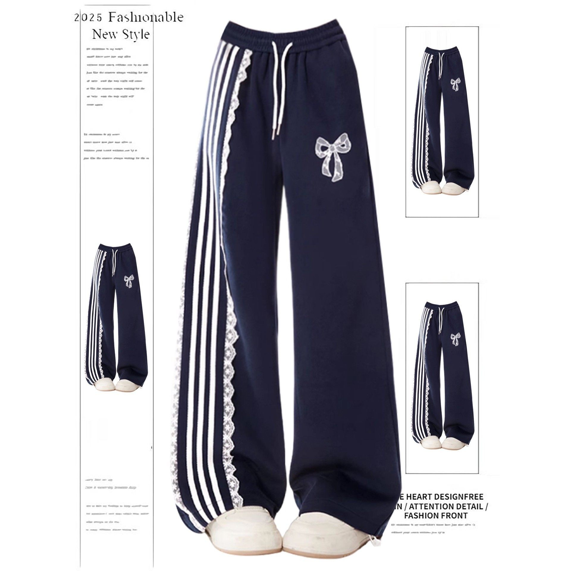 MDCW米兰风美式蕾丝拼接藏青色运动卫裤女春秋新款直筒阔腿休闲裤,淘宝优惠券,粉丝福利购,淘宝优惠卷