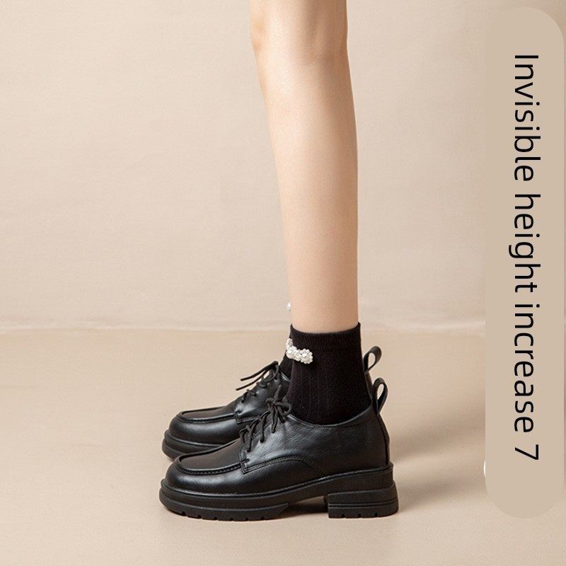 真皮内增高小皮鞋女2025年秋冬新款黑色加绒系带英伦风百搭乐福鞋,淘宝优惠券,粉丝福利购,淘宝优惠卷