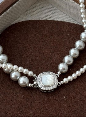 日本品质极光混彩色珍珠方形宝石双层多种戴法叠戴项链女轻奢高级