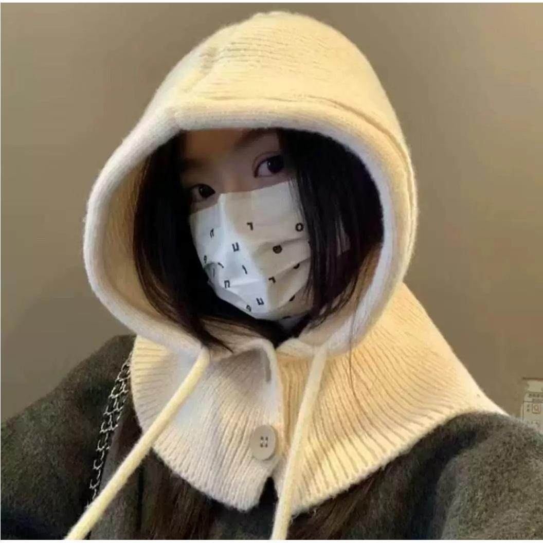 2025秋冬新款纯色针织带纽扣包头帽加厚防风保暖帽围巾帽护耳围脖,淘宝优惠券,粉丝福利购,淘宝优惠卷