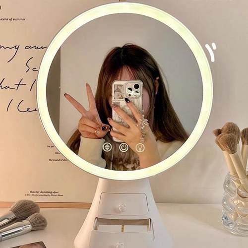 0LED镜一子化妆镜收纳盒WEK体225新款带梳灯台式桌面卧室妆台补光 - 图0