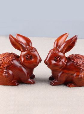 花梨木雕兔子摆件实木家居客厅家居装饰品木质手工整木雕刻工艺品