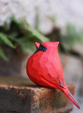 鹿妖商店 木雕小鸟 北美主红雀 情侣小胖鸟 红鸟手工实木桌面摆件