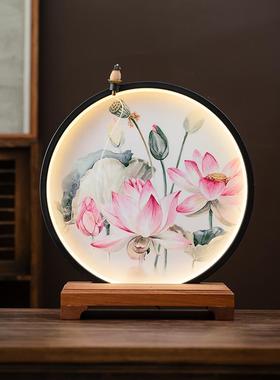 新中式LED佛龛背景灯 禅意客厅佛像展示台圆形发光般若心经灯摆件