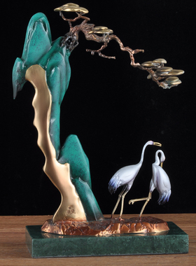 彩铜松鹤延年摆件松鹤迎客松送老人长辈生日祝寿贺礼家居客厅摆设