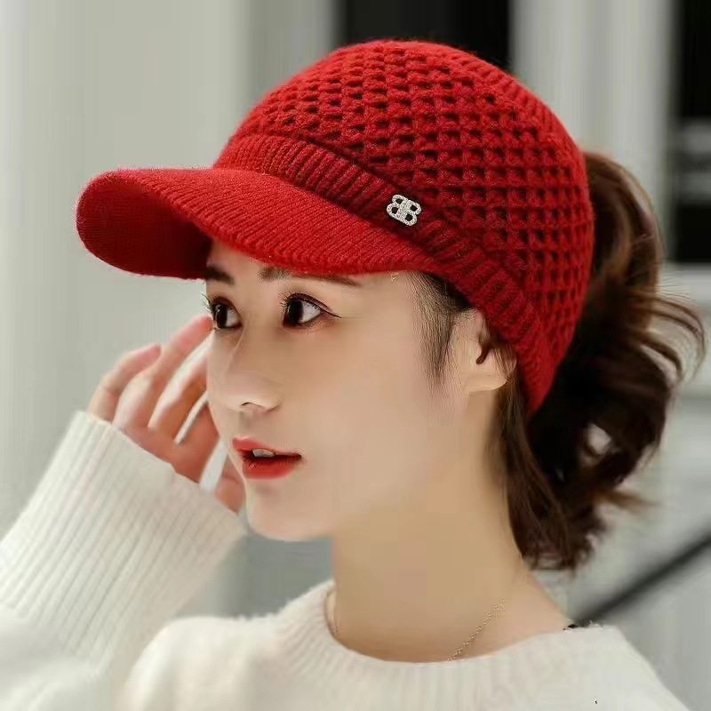 帽子女士冬马尾帽针织毛线帽空顶帽女士加绒加厚无顶鸭舌帽户外帽-图2