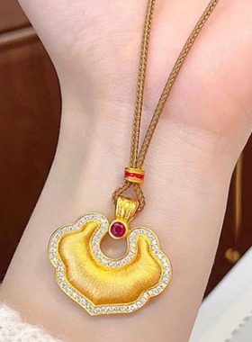 金包银点钻拉丝吉祥如意福锁祥云国潮风平安锁吊坠女毛衣链送礼物