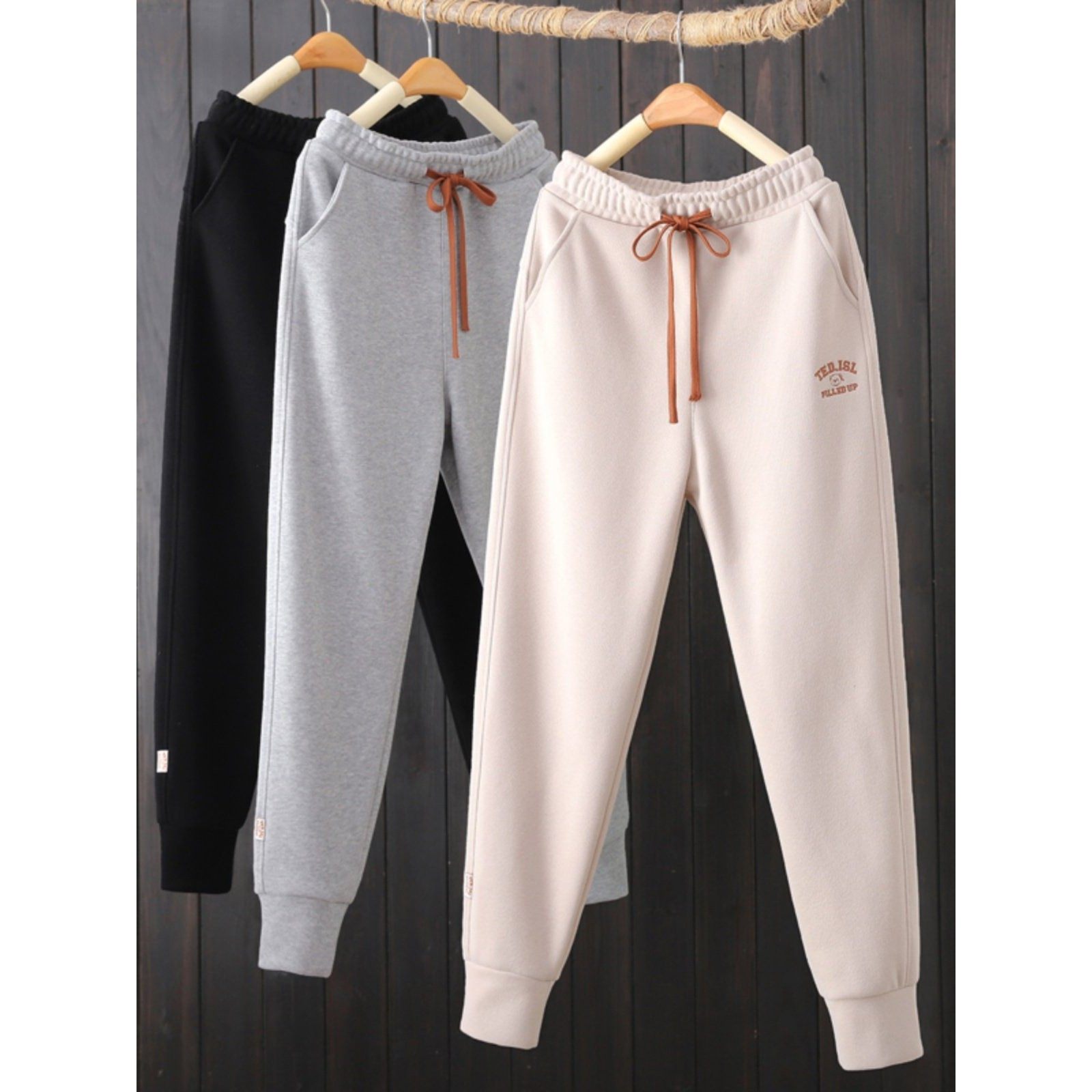 韩国米色加绒加厚卫裤女秋冬新款纯棉小个子显瘦九分休闲运动长裤,淘宝优惠券,粉丝福利购,淘宝优惠卷