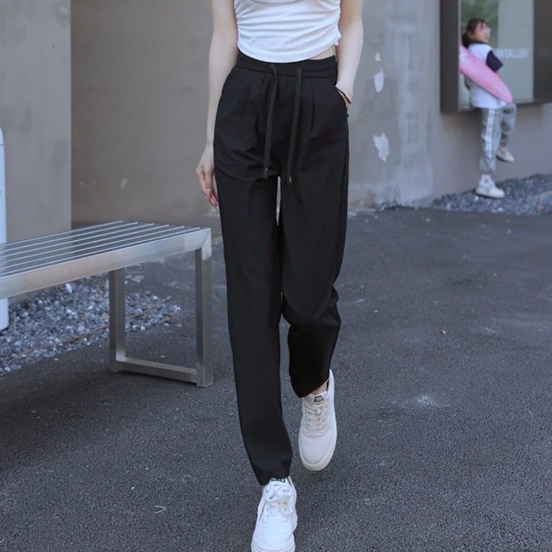 米白裤子夏季薄款哈伦裤女2025新款松紧腰抽绳小个子九分休闲女裤,淘宝优惠券,粉丝福利购,淘宝优惠卷