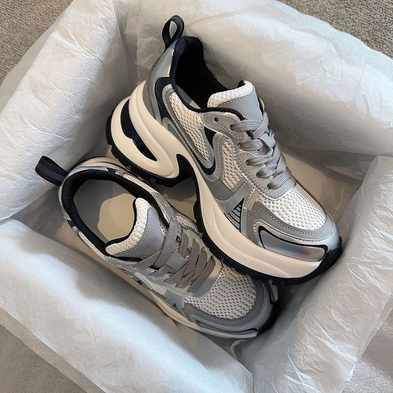 赵露丝同款弓形底老爹鞋女厚底增高休闲鞋真皮银色网面高跟运动鞋,淘宝优惠券,粉丝福利购,淘宝优惠卷