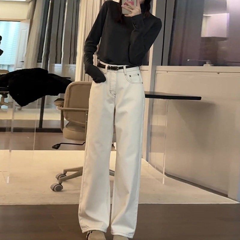 米杏色直筒牛仔裤女秋季2025新款小个子高腰宽松垂感阔腿加绒裤子,淘宝优惠券,粉丝福利购,淘宝优惠卷