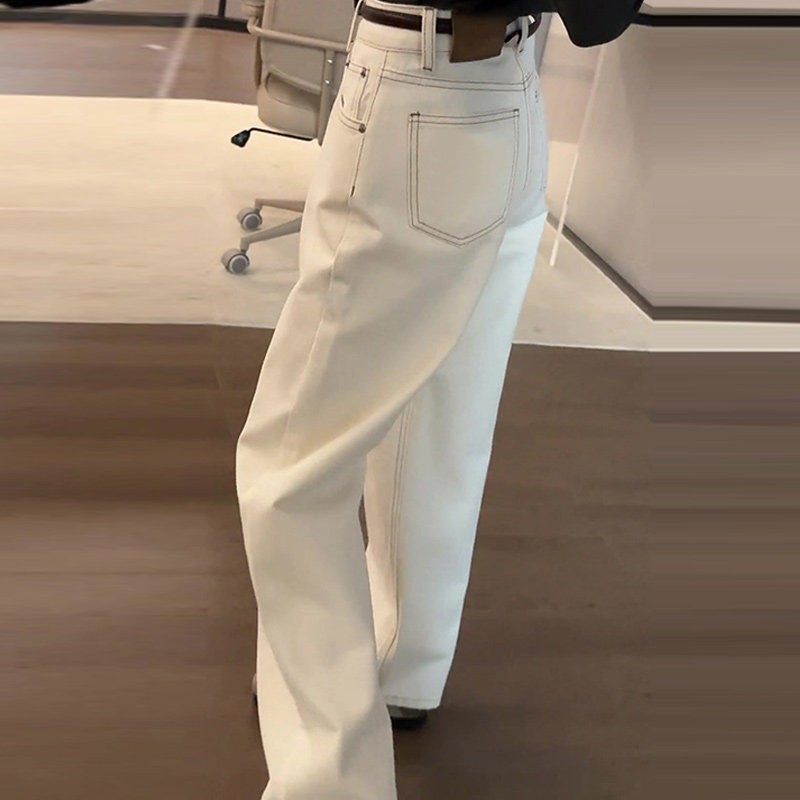 米杏色直筒牛仔裤女秋季2025新款小个子高腰宽松垂感阔腿加绒裤子,淘宝优惠券,粉丝福利购,淘宝优惠卷