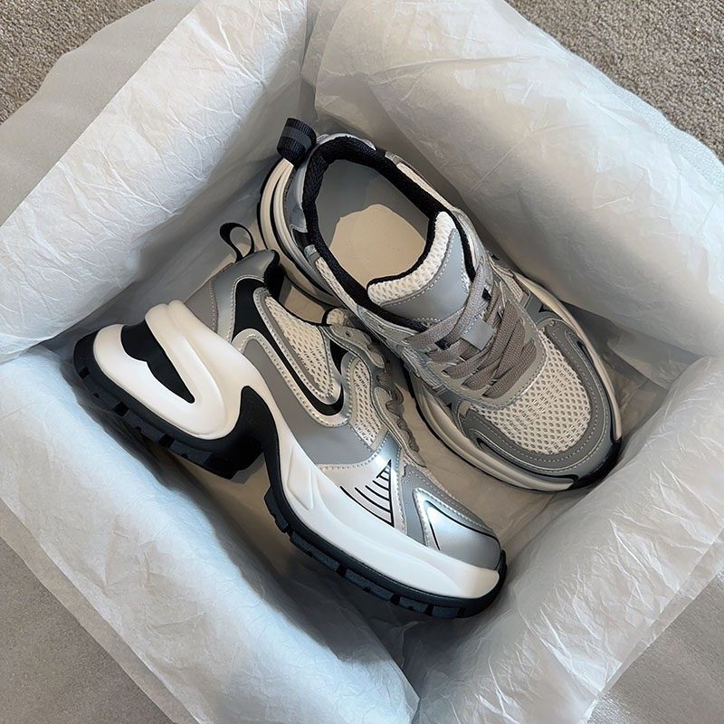 赵露丝同款弓形底老爹鞋女厚底增高休闲鞋真皮银色网面高跟运动鞋,淘宝优惠券,粉丝福利购,淘宝优惠卷