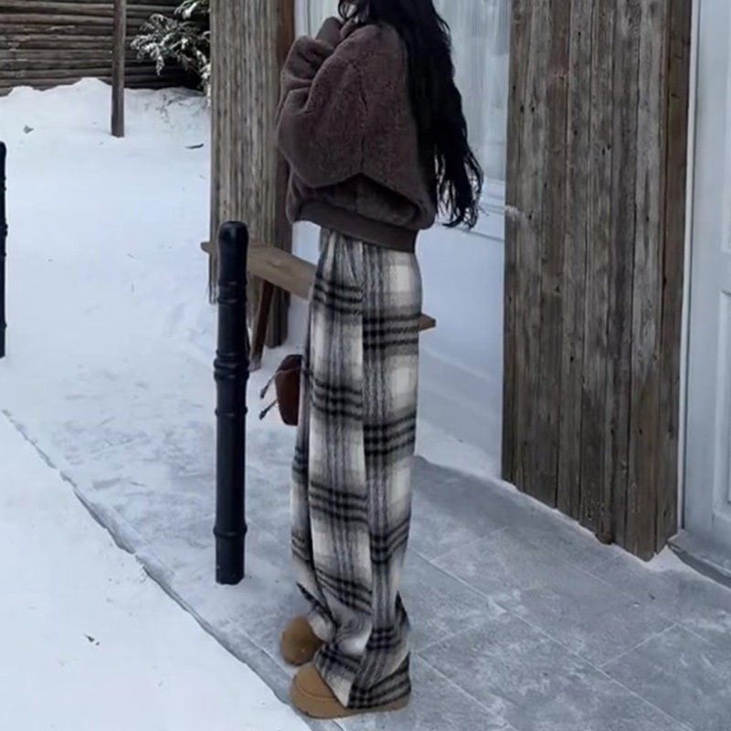 美式覆古高街加绒毛呢格子裤子女2024新款冬季直筒休闲 阔腿拖地,淘宝优惠券,粉丝福利购,淘宝优惠卷